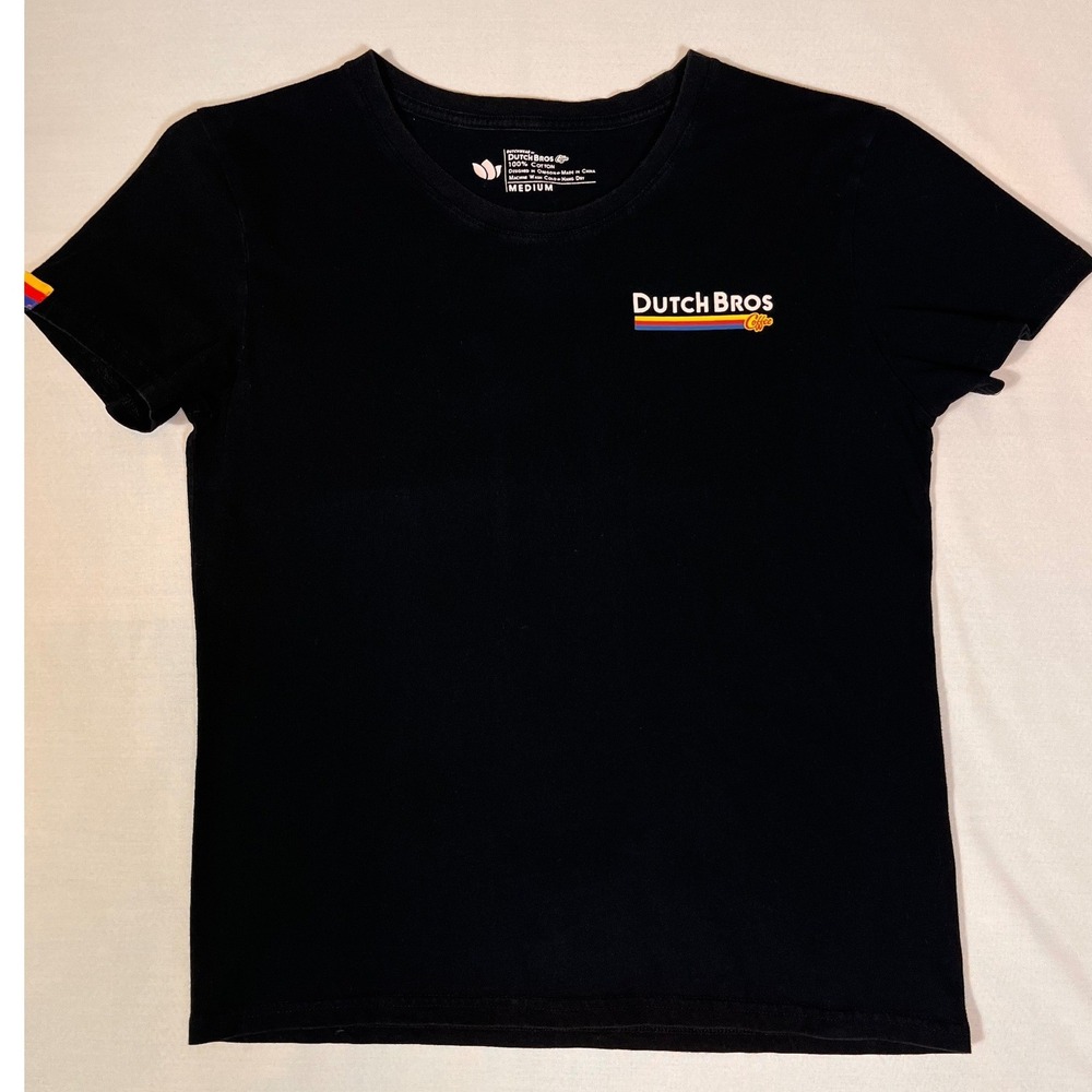 Dutch Bros Coffee Black Graphic T-Shirt Retro Rainbow Logo Medium Cotton